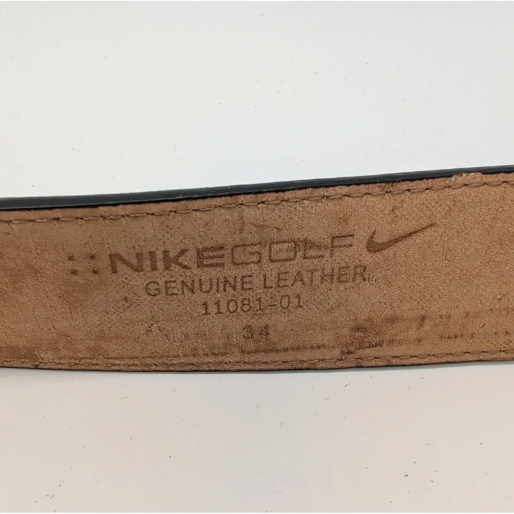 Nike Golf Grip Tech Belt Black Genuine Leather Big Swoosh Metal Buckle Mens 34